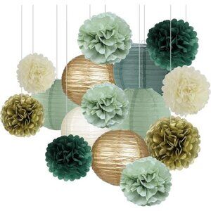 Sage Green Party Decorations Paper Lanterns Pom Poms Birthday Baby Shower Weddin
